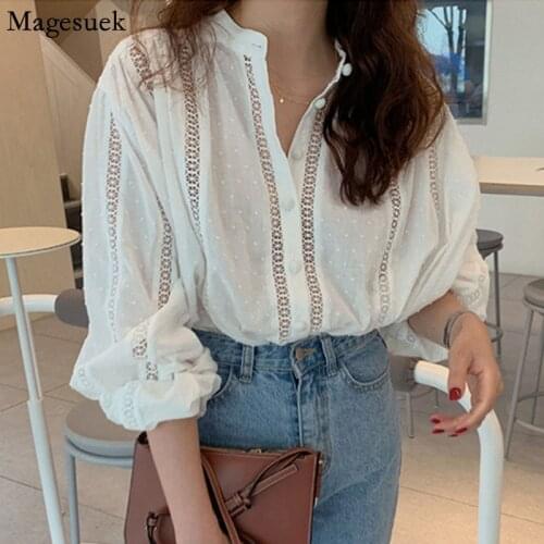 Korean Hollow Hook Flower Womens Blouse Plus Size Polka Dot White Casual Shirt Long Sleeve Loose Top Stand Collar Shirts 15400