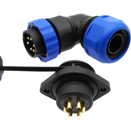 SP20 corrugated pipe waterproof connector 2 hole flange socket 1/2/3/4/5/6/7/9/12/14Pin IP68 angle connectors 90 degree elbow