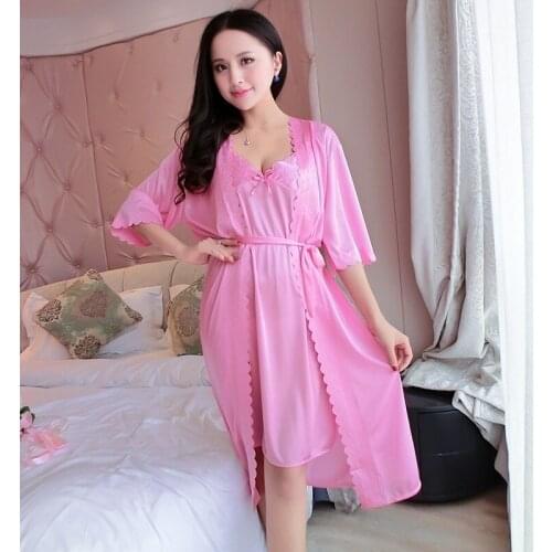 Womens Silk Satin Two-Piece Pajamas Sets Ice Silk Sexy Lace Nightgown Sleepwear Robe Sets Sleepwear Women Set