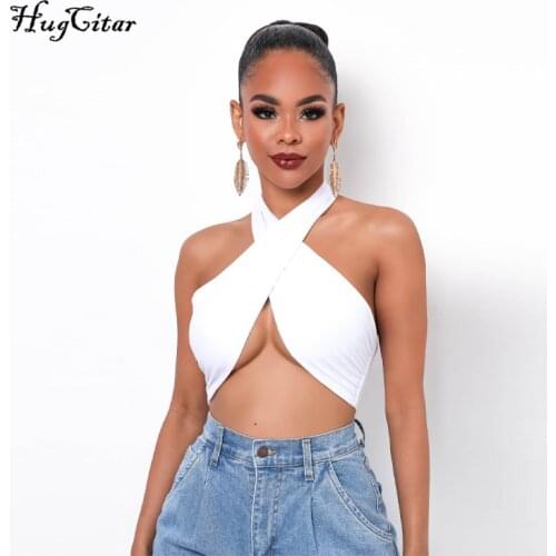Hugcitar 2021 Sleeveless Solid Bandage Backless Halter Sexy Tank Top Spring Summer Women Fashion Streetwear Lounge Wear Outfits