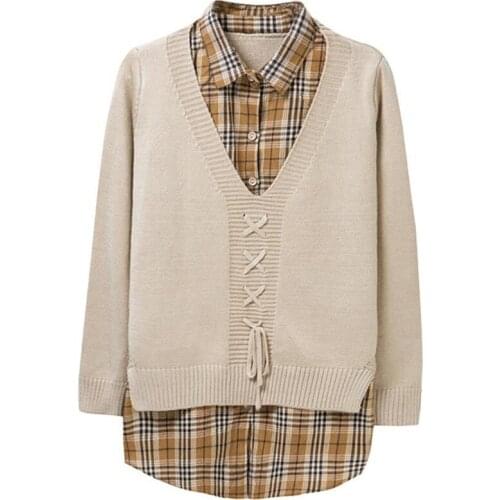 Spring Autumn Style Patchwork Knitted Pullover Sweater Lady Casual Long Sleeve Turn-down Collar Outwear Sweater Tops ZZ0923