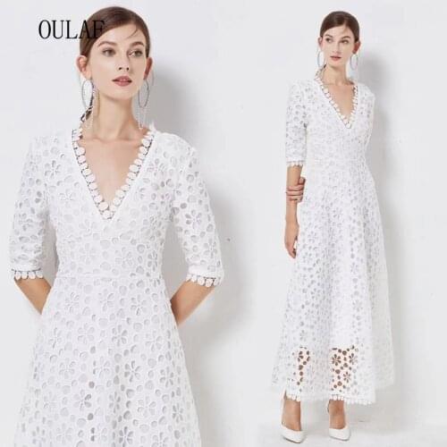 OULAF High Quality Hollow Out Embroidery Long Maxi White Lace Dress For Party Women Summer V Neck Prom Celebrity Vestidos
