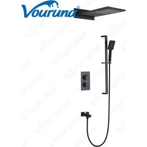 10 inch Square Style Black Waterfall Bathroom Shower Set With Slide Bar In Wall Mounted Bath Shower Mixer Faucet Modern Luxury