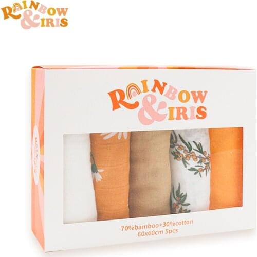 Rainbow&Iris Bamboo Muslin Cloth Bib Feeding Burp Cloth Scarf 5 pcs Pack Baby Gift Item 60*60cm