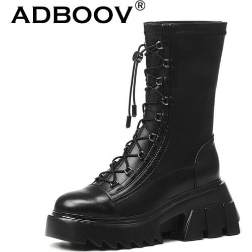 ADBOOV Leather Chunky Boots Women Mid Calf Fashion Mtotorcycle Boots Ladies