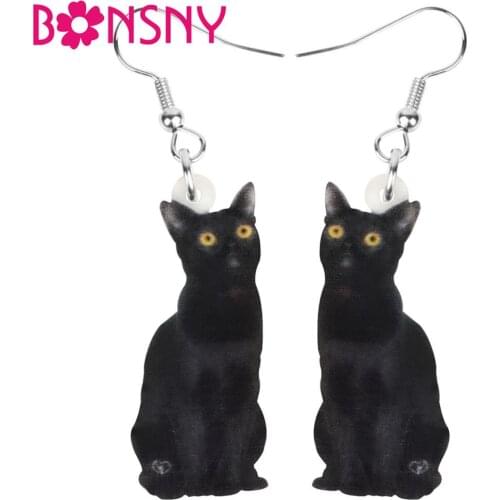 Bonsny Acrylic Black Bombay Cat Earrings Long Realistic Lovely Kitten Pet Animal Dangle Drop Jewelry For Women Kids Classic Gift