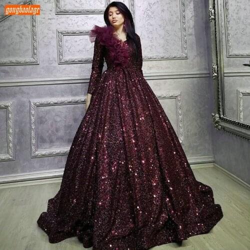 Burgundy Evening Dress 2020 Sparkly Sequined Ball Gown Custom Made Reflective Dresses Long Sleeves Women Party Robe De Soiree