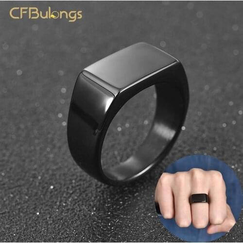 CFBulongs Punk Men Stainless Steel Ring Retro Simple Black Golden Square Finger Ring Hip Hop Jewelry Man Accessories