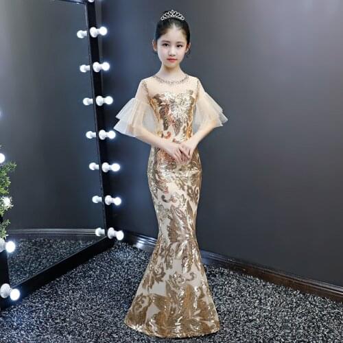 Kid luxury sequined evening dress children girl gold bodycon trumpet elegant mermaid wedding party Cocktail chinese style dress