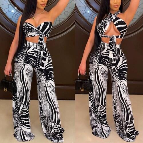 Women Fashion High Waist Wide Leg Pants Two Piece Sexy Bandage Tube To &Elastic Waist Printed Pants Set Summer Casual Comfy Suit