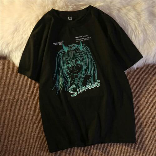 Japanese anime girl print cotton white women clothes loose vintage short-sleeved O neck T-shirt size casual tshirt summer top