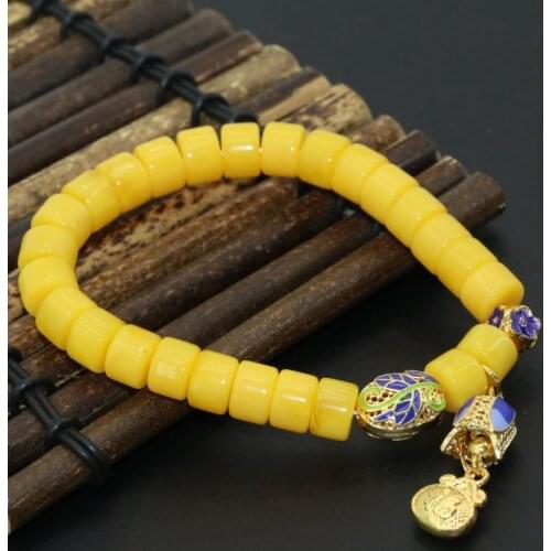 Fashion 2 style bracelet yellow resin beeswax abacus 6*8mm beads strand buddhism gold-color cloisonne diy jewelry 7.5inch B2719