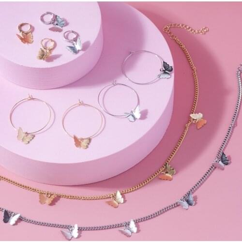 Wholesale Cross-border Hot-selling Simple Variety of Pendants Butterfly Earrings Necklace Clavicle Chain Set Summer Accessories