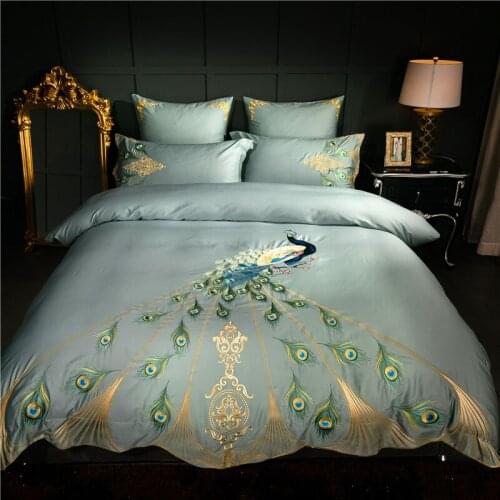 Chinese embroidery luxury Bedding set queen king size Duvet cover Bed sheet set 60S egyptian cotton silky fabric peacock green