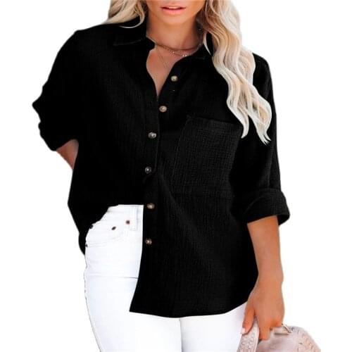2021 Autumn New Ladies Fashion Simple Womens Long-Sleeved V-Neck Button Ladies Cotton And Linen Shirt Womens Clothing