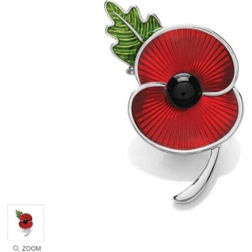 2" Red Enamel British Poppy Brooch Flower Pin Souvenir White Gold Tone