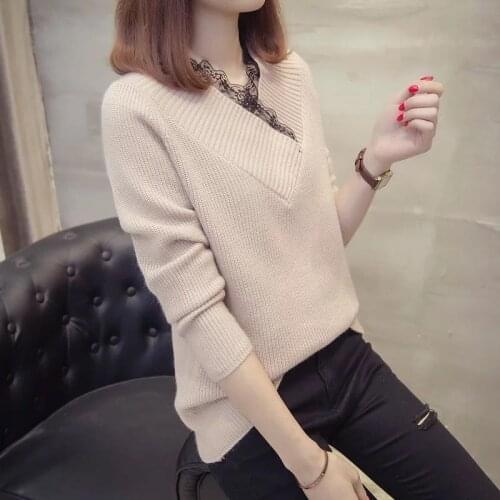 Sweater V-neck Lace Large Size Dress Autumn Winter and Spring Korean Style Slim Knit Low Waist Jersey Top