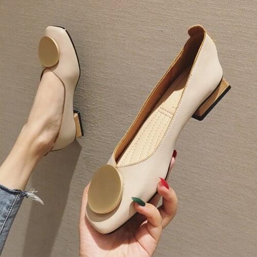 Round buckle low heel leather shoes women square toe shallow mouth pumps soft leather single shoes woman mules talons femme