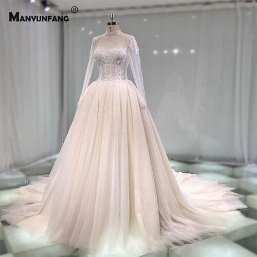Custom Made High Neck Embroidery Appliques Tulle Cathedral Train Bridal Ball Gown Luxury Zipper Back Full Sleeve Wedding Dress
