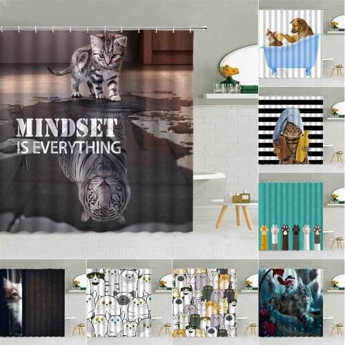 Inspirational Words Shower Curtain Cute Pet Cat Tiger Shadow Creativity Bathroom Bath Decor Hooks Curtains Waterproof Fabric Set