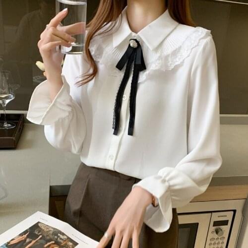 Women Blouses 2021 Spring long sleeve Blouses Shirt Women Lace Stitching Shirt Autumn Winter Women Top Chiffon Bow Clothing 906J