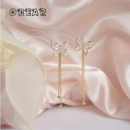 OBEAR 14k Real Gold Plated Korean Opal Zircon Butterfly Small Round Beads Tassel Earrings Women Simple Party Jewelry