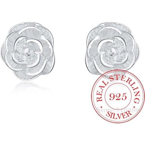High Quality 925 Sterling Silver Women Jewelry Korean Silver Cute Rose Flower Stud Earrings for Women 2020 Wedding Party Gift