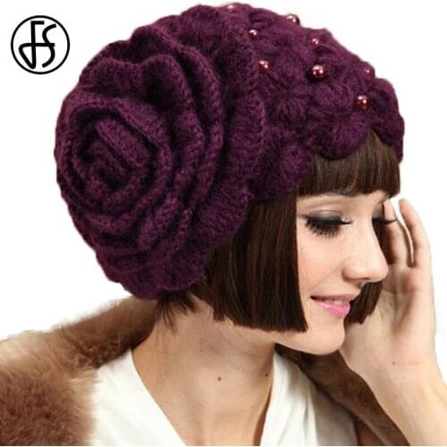 FS Elegant Wool Knit Beanies Purple Flowers With Beaded Autumn Winter Women Cap Fashion Red Beige Black Bonnet Femme Hiver