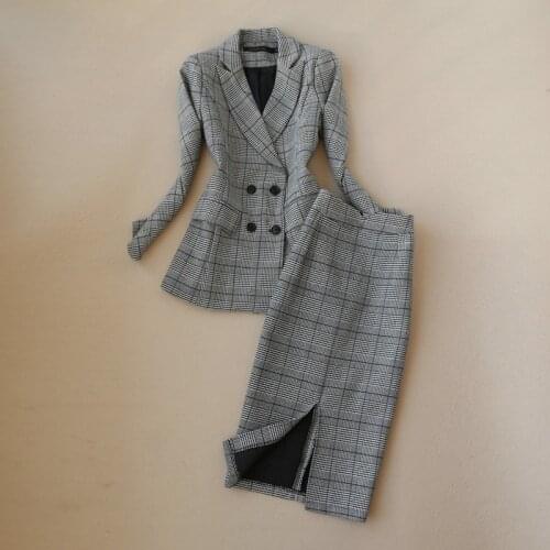 High quality winter womens suits skirt set Slim-fit double-breasted plaid ladies jacket Casual high waist skirt two-piece 2019