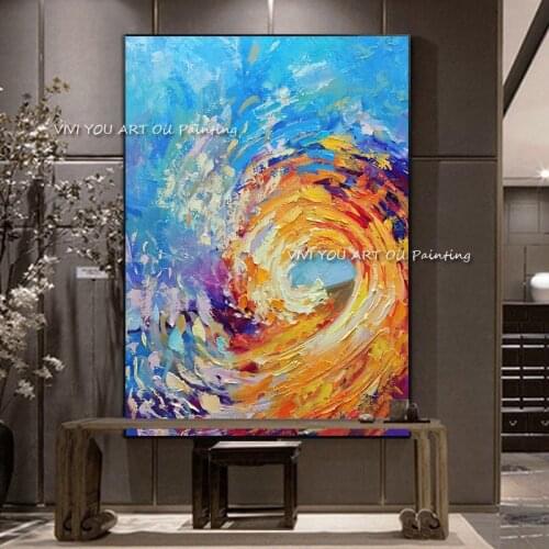 100% Handmade Blue Orange Waves Painting Modern Ocean Seascape Artwork Pictures Thick Oil Wall Art Decoration For Home Office