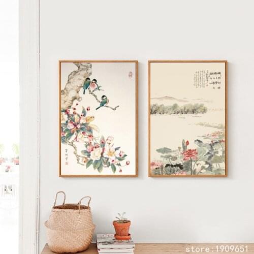 No frame Chinese style birds flowers tree scenery canvas printings oil painting printed on cotton wall art decoration picture
