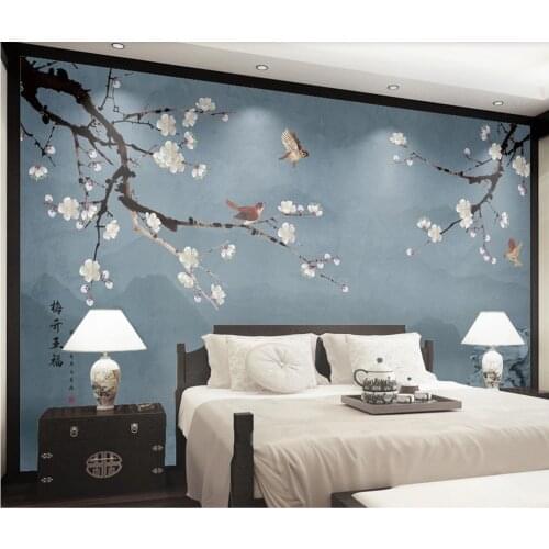 XUE SU Custom large wallpaper mural new Chinese style hand-painted stone plum blossom living room bedroom background wall