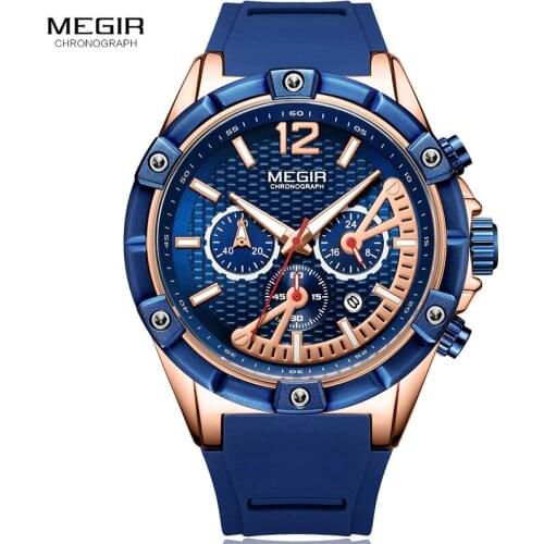 MEGIR 2019 Fashion Mens Watches Top Brand Luxury Quartz Wrist Watch Blue Silicone Gold Big Dial Watch Men Waterproof Sport Clock
