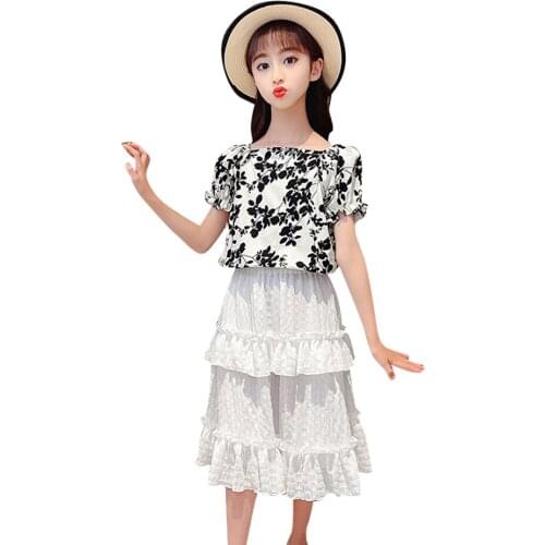 Children Clothes Floral Tshirt + Mesh Skirt Costume For Girls Summer Tracksuit Girl Casual Style Kids Clothing 6 8 10 12 14