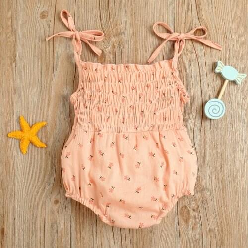 Cute Infant Baby Girls Tie Strap Rompers New Summer Toddler Kids Sleeveless Jumpsuits Cotton Floral Print Smocked Playsuits