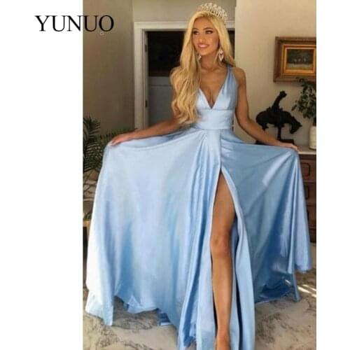 YuNuo Sky blue Long Prom Dress with High Leg Slit Side