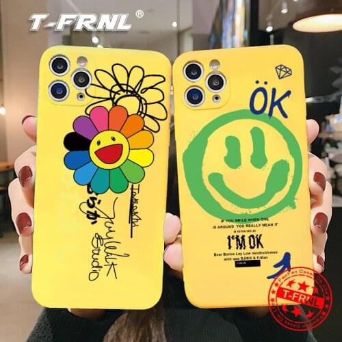 For iPhone 11 12 Mini Pro XS Max XR X 7 8 Plus Yellow Soft Airbag TPU Cover Coque Cartoon Lucky Smiley Straight Edge Phone Case