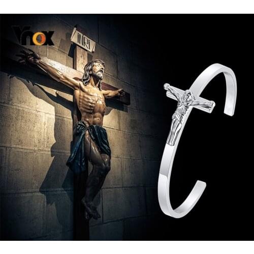 Vnox Classic Cross Jesus Cuff Bracelet for Women Men, Glossy Stainless Steel Simple Bangle,Unisex Religious Faith Jewelry