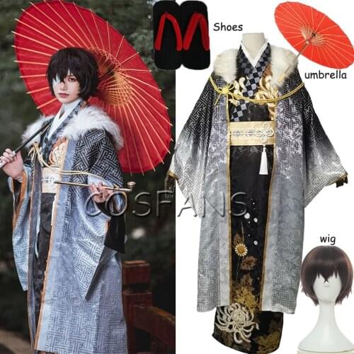 Anime Bungou Stray Dogs Cosplay Costume Dazai Osamu Cosplay Clothing Black kimono Outfit men Halloween Suit Wigs and shoe