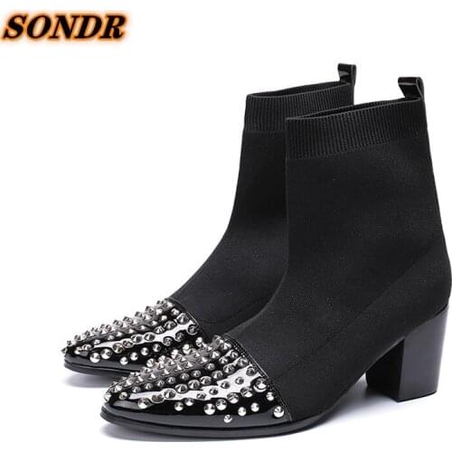 Fashion Luxury High Heels Men Boots Genuine Leather Ankle Boots Suede Italian Business Dress Rivets Pointed Toe Cowboy Boots