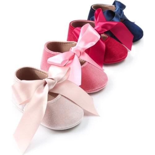 Newborn Baby Girls Shoes First Walker PU Princess Bowknot Ribbon Dress Shoes Anti-slip Rubber Sole Toddler Crib Shoe Moccasins