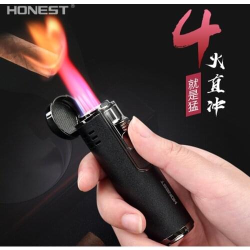 New High-quality Metal Inflatable Four Straight Cigar Lighter Boutique Prosperous Multi-function Cigarette Lighter Mens Gadget