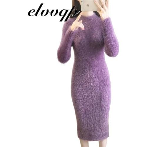 2021 New Autumn Winter Women Knitted Dress Mink Fleece Sweater Dresses Lady Slim Bodycon Long Sleeve Thick Warm Dress Vestidos
