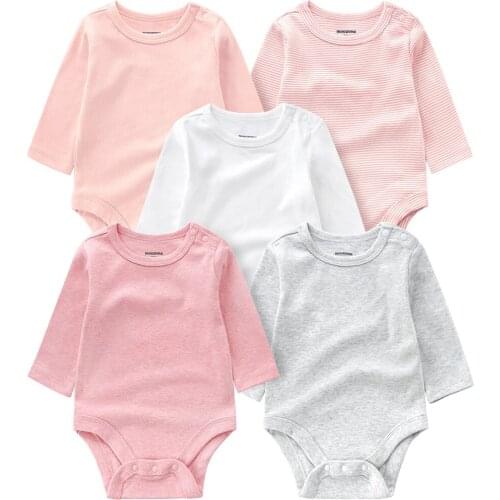 5pcs Autumn New Infant Costume Casual Newborn Baby Boy Long Sleeve Bodysuit Solid Pure Cotton O Neck Clothing For 0-24m