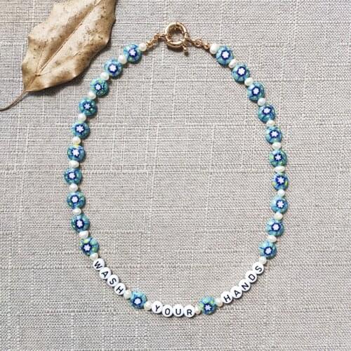 Hand-made Millefiori Crystal Beads Necklace Personalized Custom Name Choker For Women Natural Pearl Neck Accessories Gift 2021