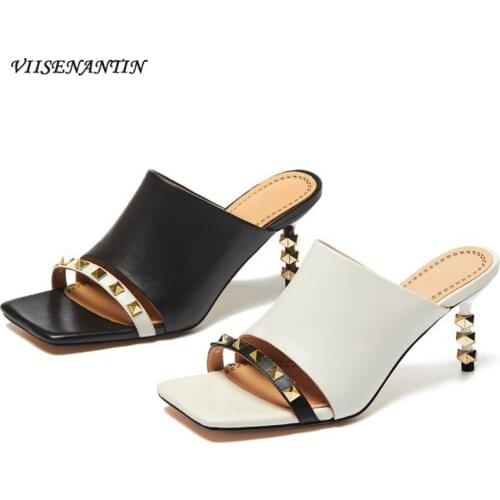 New Summer Cowhide Color Matching Square Toe Retro Special-shaped High Heels Rivet Stitching Outer Wear Sandals and Slippers