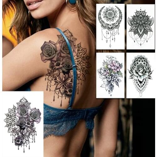 Sexy Rose Flower Temporary Tattoos For Women Black Fake Jewelry Tattoo Henna Flower Moon Mehndi Pendants Tatoo Sheets Thigh Back