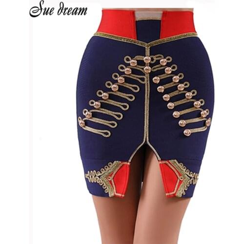 High Quality 2021 Summer New Womens Fashion Sexy Blue Button Bodycon Mini Bandage Skirt Club Party Skirt Vestidos