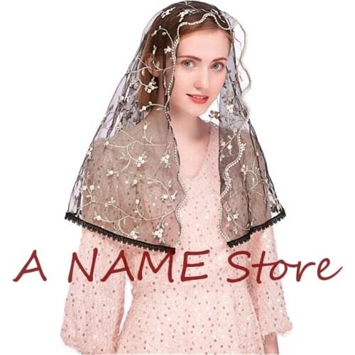 Women Mantilla Veils for Church Head covering Catholic Chapel Mass Embroided Lace D shape Black White with hair clip velos negra