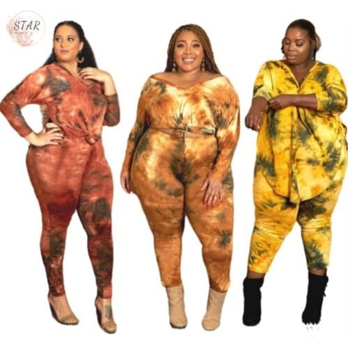 Plus Size Clothing Two Piece Set Women Tie Dye Tracksuit V Neck Casual Jogger Lounge Wear Spring Clothes Wholesale Dropshipping